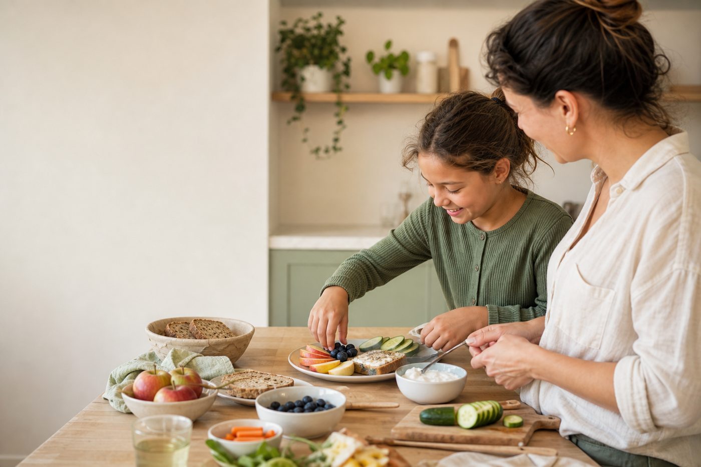 Mutter und Tochter bereiten gemeinsam einen gesunden Snack mit Obst und Gemüse zu